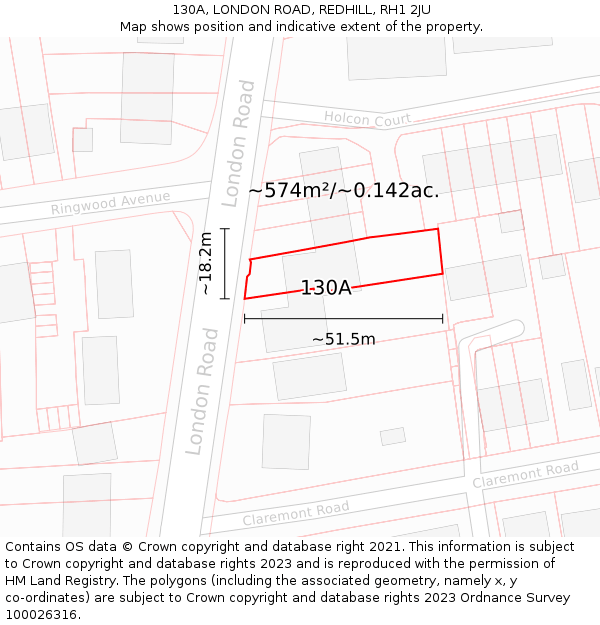 130A, LONDON ROAD, REDHILL, RH1 2JU: Plot and title map