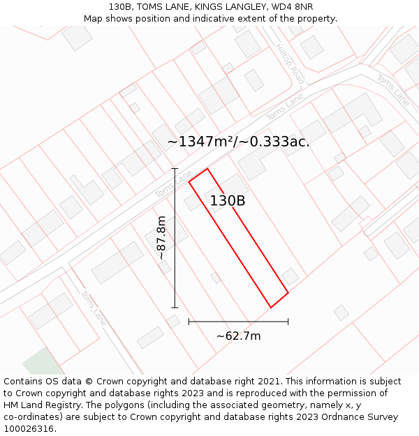 130B, TOMS LANE, KINGS LANGLEY, WD4 8NR: Plot and title map