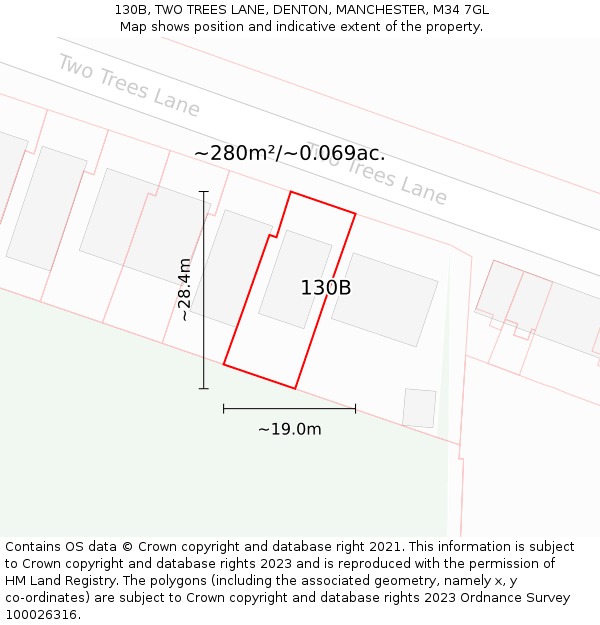 130B, TWO TREES LANE, DENTON, MANCHESTER, M34 7GL: Plot and title map