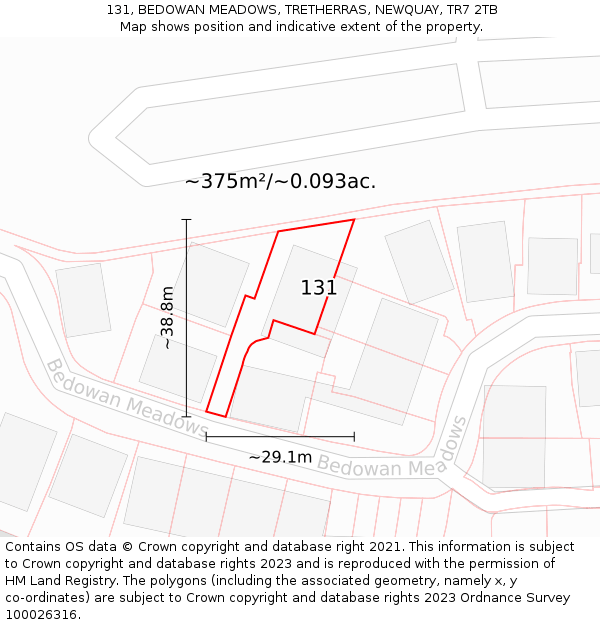 131, BEDOWAN MEADOWS, TRETHERRAS, NEWQUAY, TR7 2TB: Plot and title map