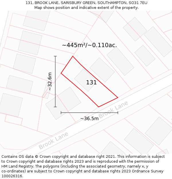 131, BROOK LANE, SARISBURY GREEN, SOUTHAMPTON, SO31 7EU: Plot and title map