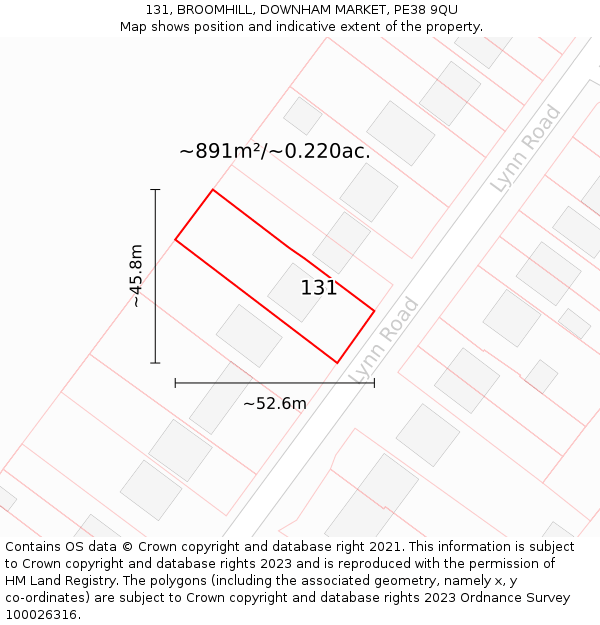 131, BROOMHILL, DOWNHAM MARKET, PE38 9QU: Plot and title map