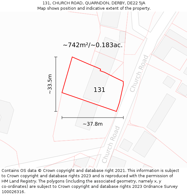 131, CHURCH ROAD, QUARNDON, DERBY, DE22 5JA: Plot and title map