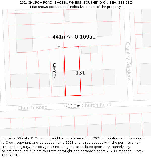 131, CHURCH ROAD, SHOEBURYNESS, SOUTHEND-ON-SEA, SS3 9EZ: Plot and title map