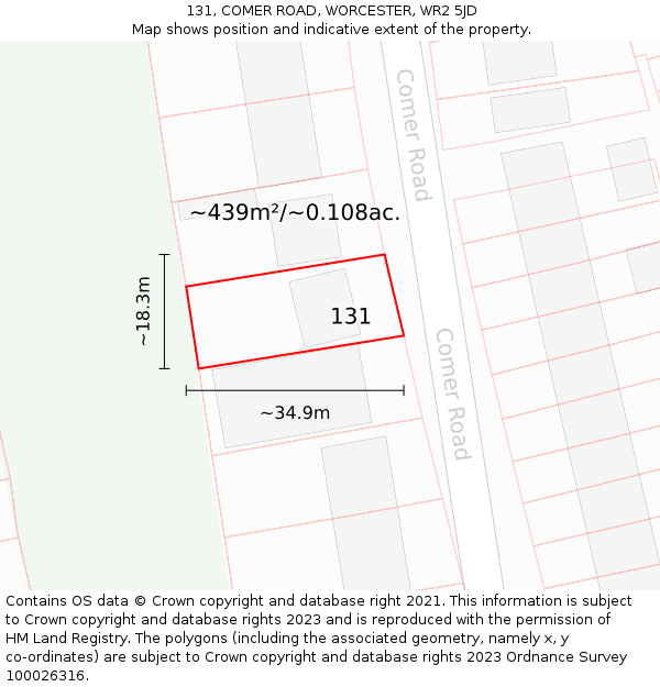 131, COMER ROAD, WORCESTER, WR2 5JD: Plot and title map