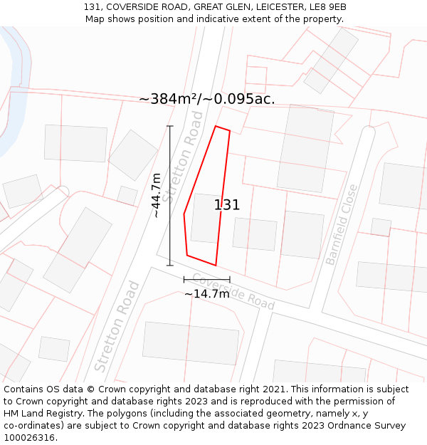 131, COVERSIDE ROAD, GREAT GLEN, LEICESTER, LE8 9EB: Plot and title map