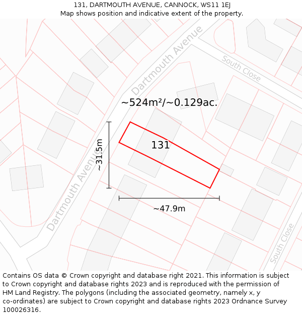 131, DARTMOUTH AVENUE, CANNOCK, WS11 1EJ: Plot and title map