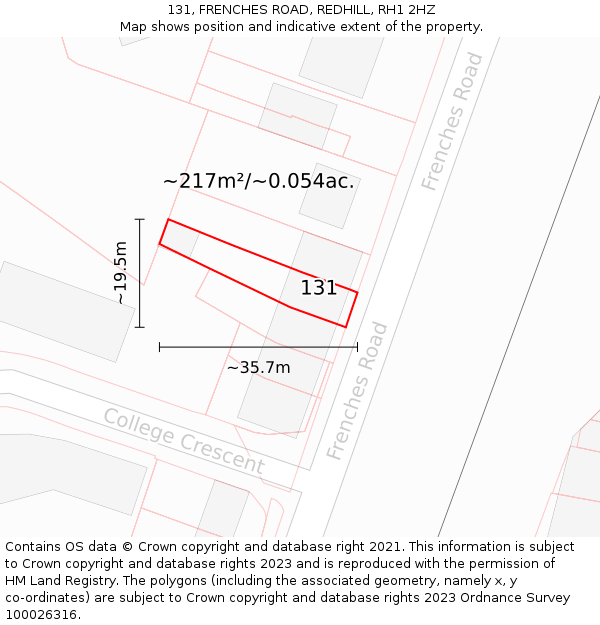 131, FRENCHES ROAD, REDHILL, RH1 2HZ: Plot and title map