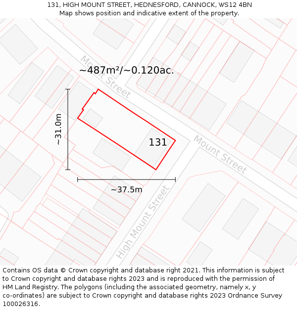 131, HIGH MOUNT STREET, HEDNESFORD, CANNOCK, WS12 4BN: Plot and title map