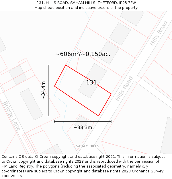 131, HILLS ROAD, SAHAM HILLS, THETFORD, IP25 7EW: Plot and title map