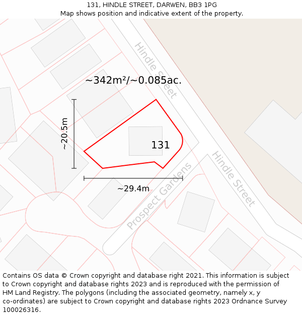 131, HINDLE STREET, DARWEN, BB3 1PG: Plot and title map