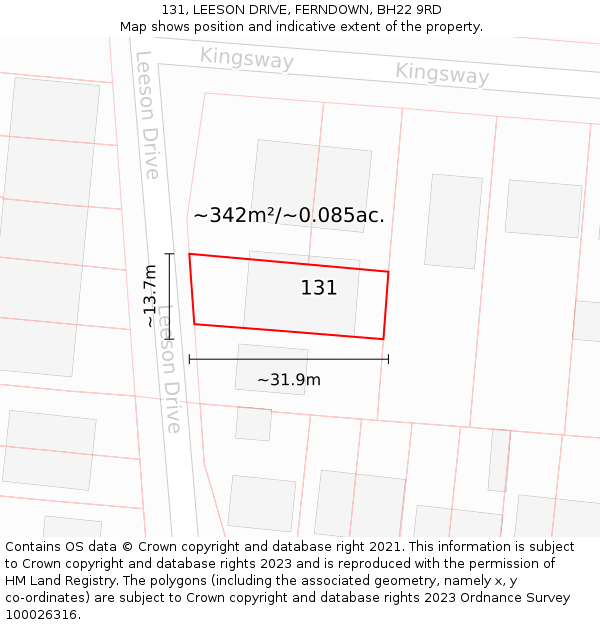 131, LEESON DRIVE, FERNDOWN, BH22 9RD: Plot and title map