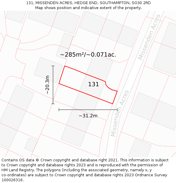 131, MISSENDEN ACRES, HEDGE END, SOUTHAMPTON, SO30 2RD: Plot and title map