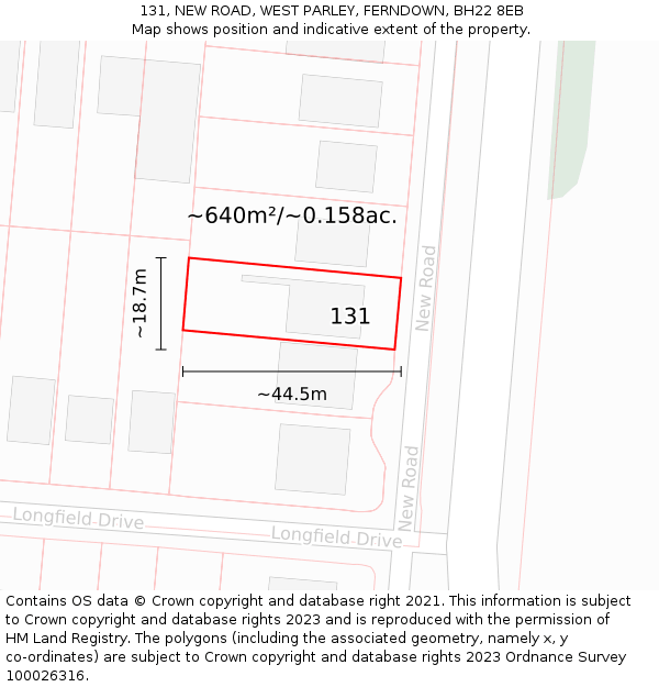 131, NEW ROAD, WEST PARLEY, FERNDOWN, BH22 8EB: Plot and title map