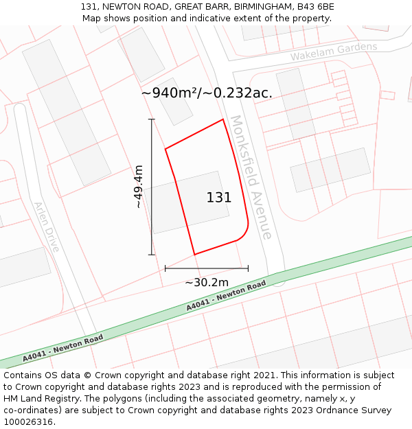 131, NEWTON ROAD, GREAT BARR, BIRMINGHAM, B43 6BE: Plot and title map