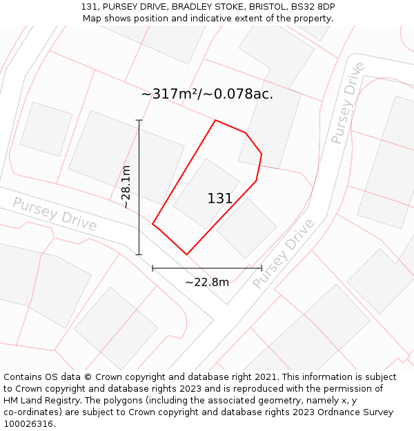 131, PURSEY DRIVE, BRADLEY STOKE, BRISTOL, BS32 8DP: Plot and title map