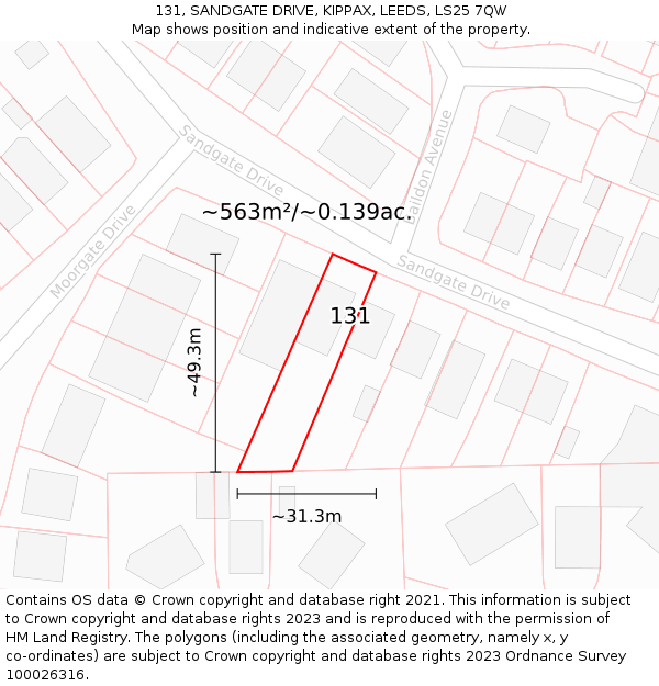 131, SANDGATE DRIVE, KIPPAX, LEEDS, LS25 7QW: Plot and title map