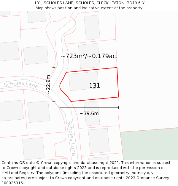 131, SCHOLES LANE, SCHOLES, CLECKHEATON, BD19 6LY: Plot and title map