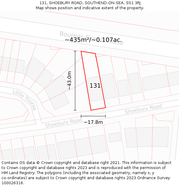 131, SHOEBURY ROAD, SOUTHEND-ON-SEA, SS1 3RJ: Plot and title map