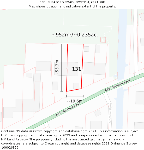 131, SLEAFORD ROAD, BOSTON, PE21 7PE: Plot and title map