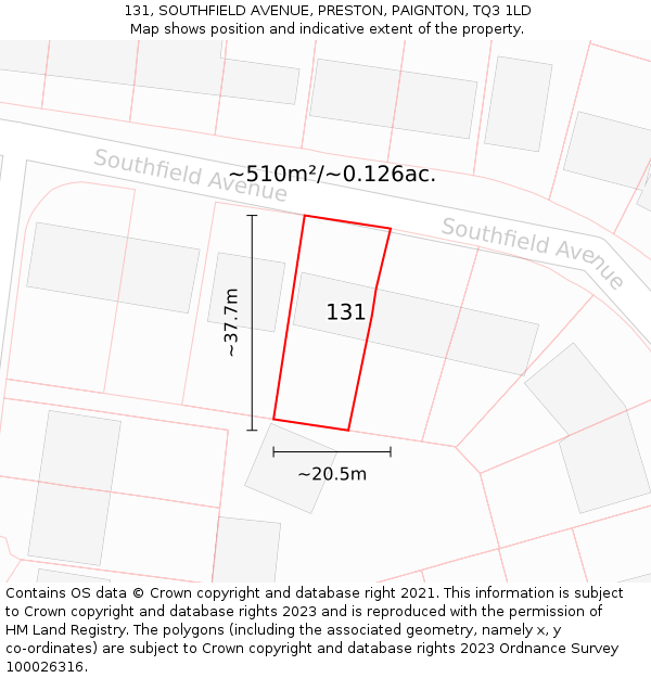 131, SOUTHFIELD AVENUE, PRESTON, PAIGNTON, TQ3 1LD: Plot and title map