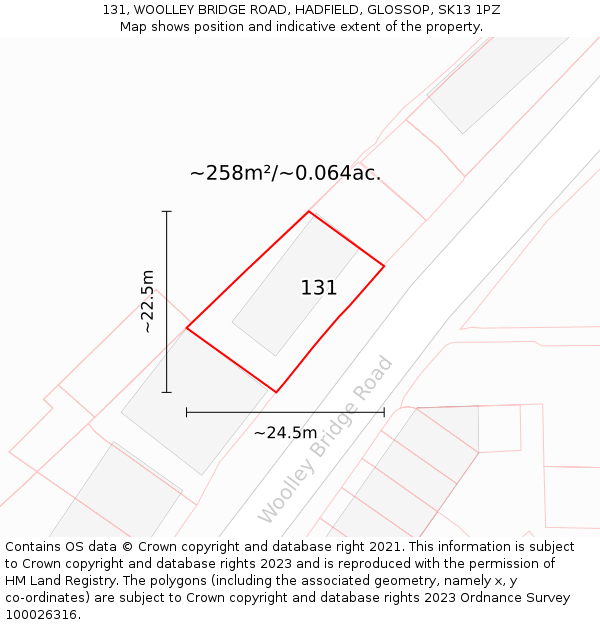 131, WOOLLEY BRIDGE ROAD, HADFIELD, GLOSSOP, SK13 1PZ: Plot and title map