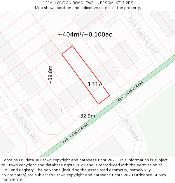 131A, LONDON ROAD, EWELL, EPSOM, KT17 2BS: Plot and title map