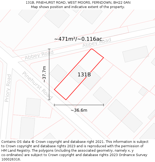 131B, PINEHURST ROAD, WEST MOORS, FERNDOWN, BH22 0AN: Plot and title map