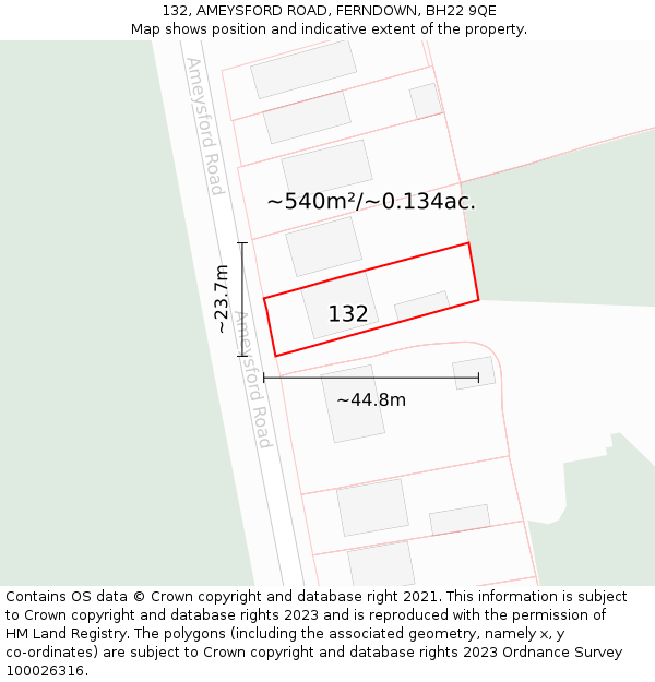 132, AMEYSFORD ROAD, FERNDOWN, BH22 9QE: Plot and title map