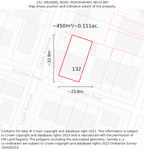 132, ARUNDEL ROAD, PEACEHAVEN, BN10 8EY: Plot and title map