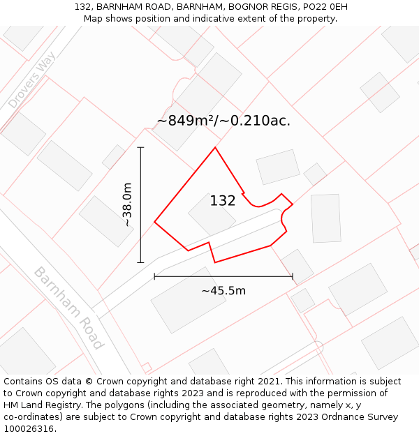 132, BARNHAM ROAD, BARNHAM, BOGNOR REGIS, PO22 0EH: Plot and title map