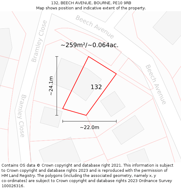 132, BEECH AVENUE, BOURNE, PE10 9RB: Plot and title map