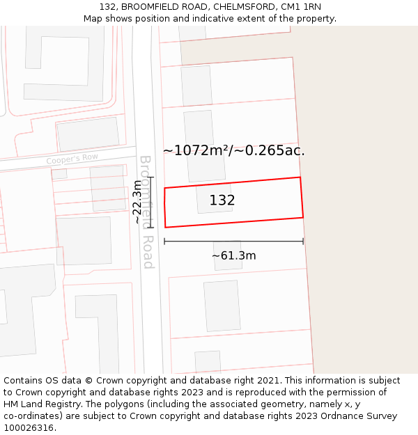 132, BROOMFIELD ROAD, CHELMSFORD, CM1 1RN: Plot and title map