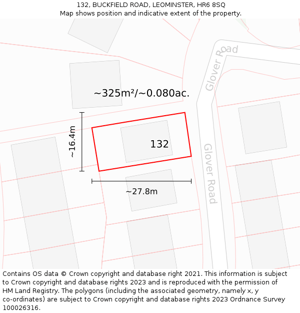 132, BUCKFIELD ROAD, LEOMINSTER, HR6 8SQ: Plot and title map