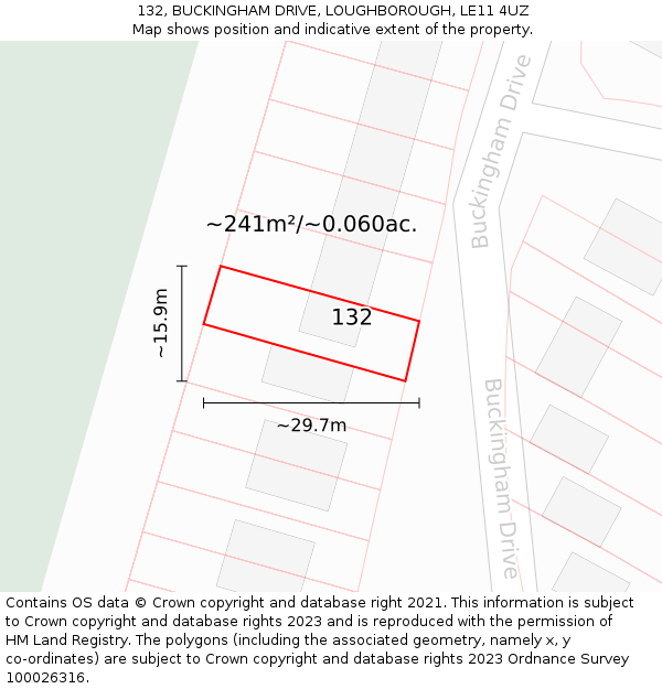 132, BUCKINGHAM DRIVE, LOUGHBOROUGH, LE11 4UZ: Plot and title map