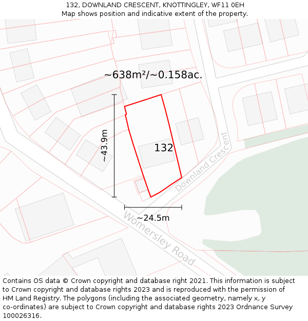 132, DOWNLAND CRESCENT, KNOTTINGLEY, WF11 0EH: Plot and title map