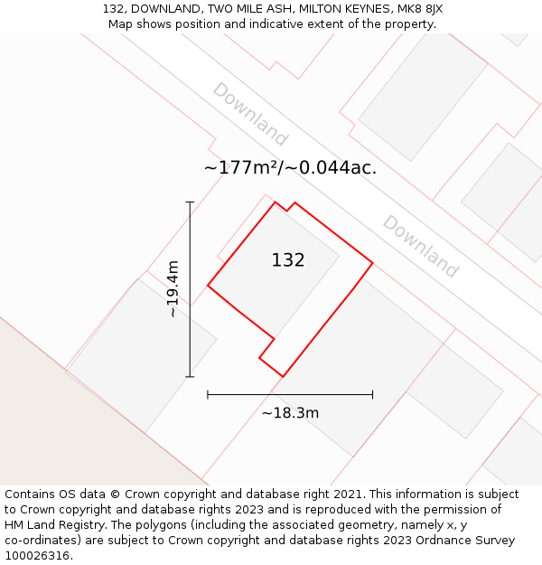 132, DOWNLAND, TWO MILE ASH, MILTON KEYNES, MK8 8JX: Plot and title map