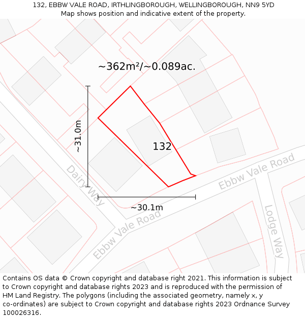 132, EBBW VALE ROAD, IRTHLINGBOROUGH, WELLINGBOROUGH, NN9 5YD: Plot and title map