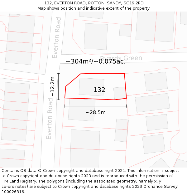 132, EVERTON ROAD, POTTON, SANDY, SG19 2PD: Plot and title map