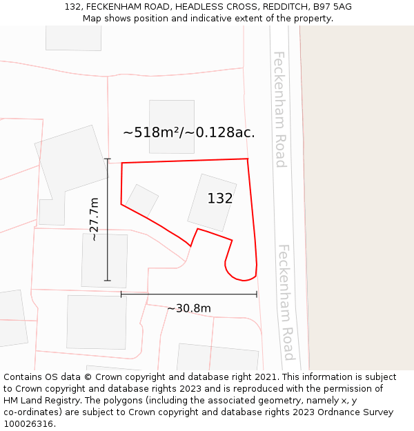 132, FECKENHAM ROAD, HEADLESS CROSS, REDDITCH, B97 5AG: Plot and title map