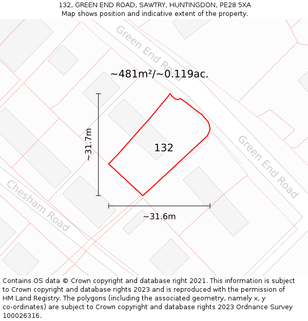 132, GREEN END ROAD, SAWTRY, HUNTINGDON, PE28 5XA: Plot and title map