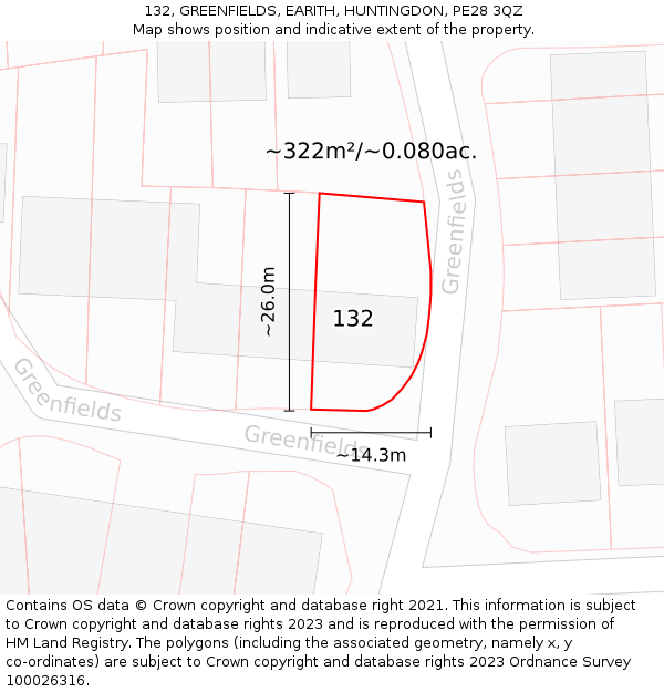 132, GREENFIELDS, EARITH, HUNTINGDON, PE28 3QZ: Plot and title map