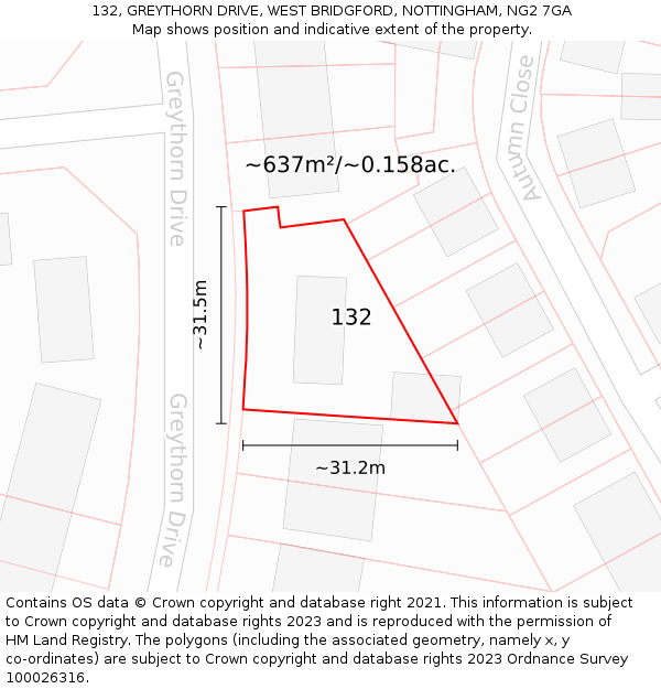 132, GREYTHORN DRIVE, WEST BRIDGFORD, NOTTINGHAM, NG2 7GA: Plot and title map