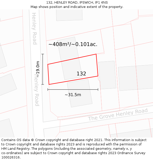 132, HENLEY ROAD, IPSWICH, IP1 4NS: Plot and title map