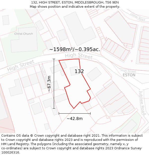 132, HIGH STREET, ESTON, MIDDLESBROUGH, TS6 9EN: Plot and title map