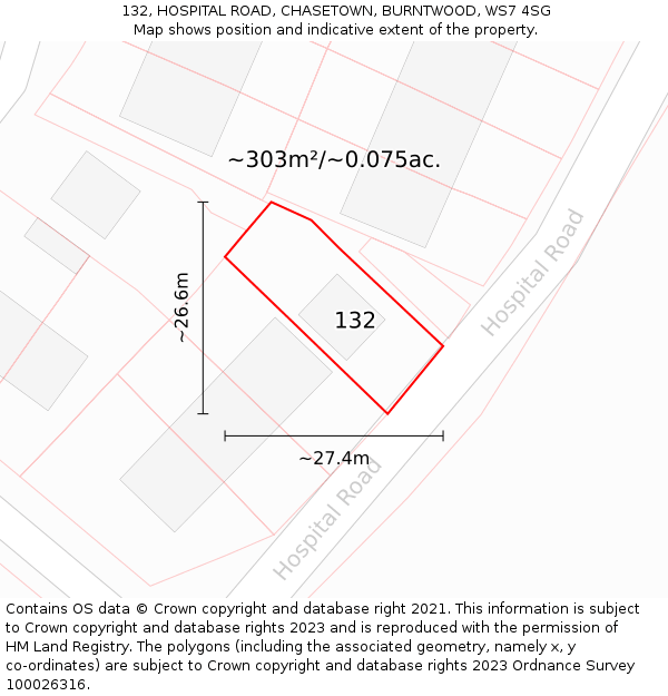 132, HOSPITAL ROAD, CHASETOWN, BURNTWOOD, WS7 4SG: Plot and title map