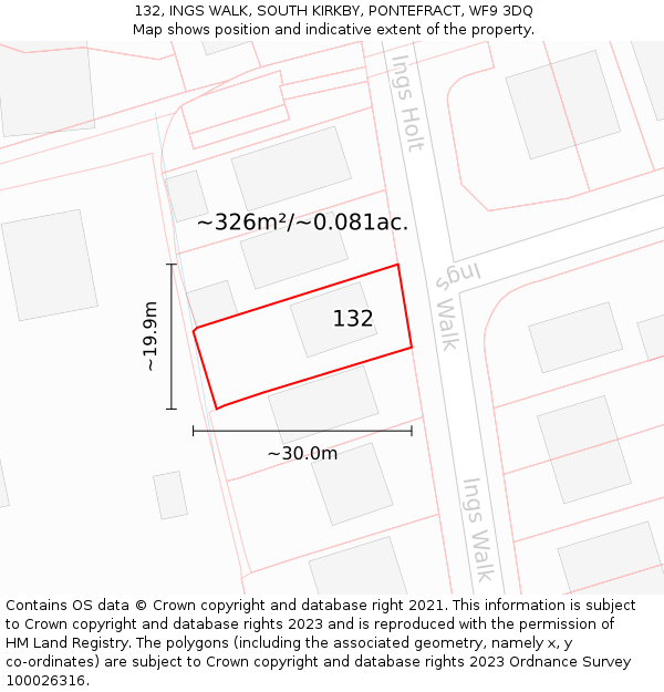 132, INGS WALK, SOUTH KIRKBY, PONTEFRACT, WF9 3DQ: Plot and title map