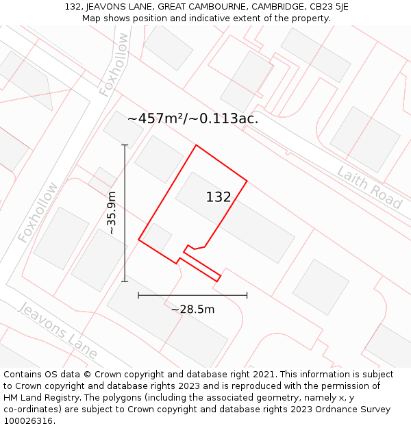 132, JEAVONS LANE, GREAT CAMBOURNE, CAMBRIDGE, CB23 5JE: Plot and title map