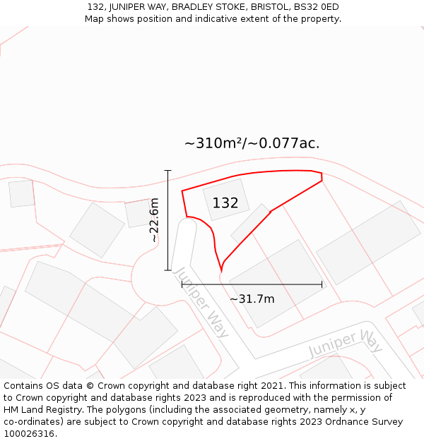 132, JUNIPER WAY, BRADLEY STOKE, BRISTOL, BS32 0ED: Plot and title map