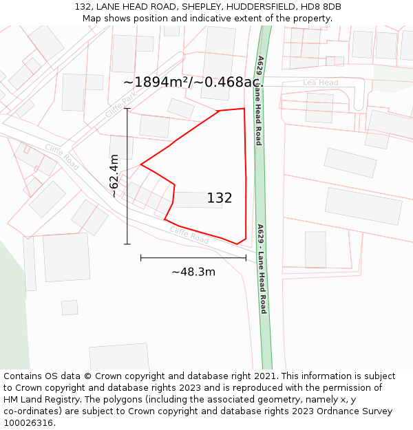 132, LANE HEAD ROAD, SHEPLEY, HUDDERSFIELD, HD8 8DB: Plot and title map